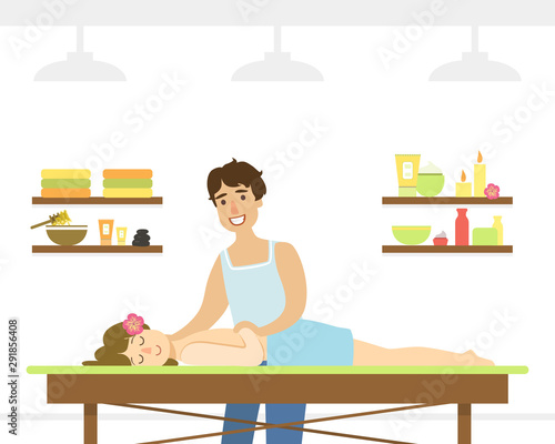 Spa Center, Young Woman Having Rejuvenating Massage in Beauty Salon Vector Illustration