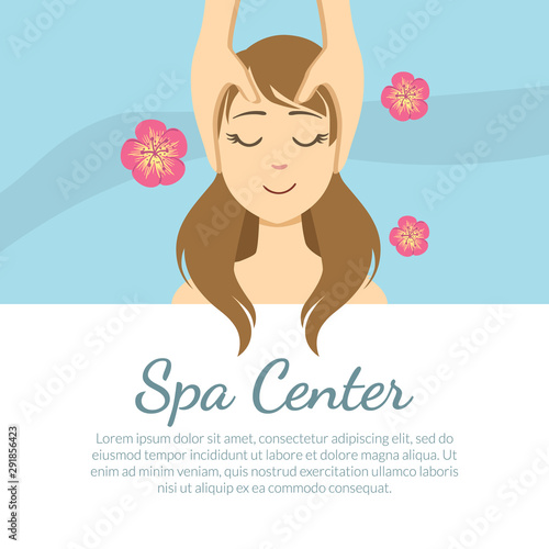 Spa Center Banner Template with Space for Text, Young Woman Getting Face Massage, Facial Treatments Vector Illustration