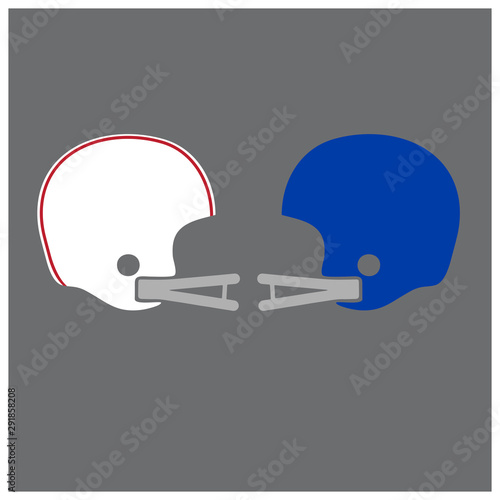 A vector illustration of two opposing vintage American football helmets. Two old school style helmets facing each other