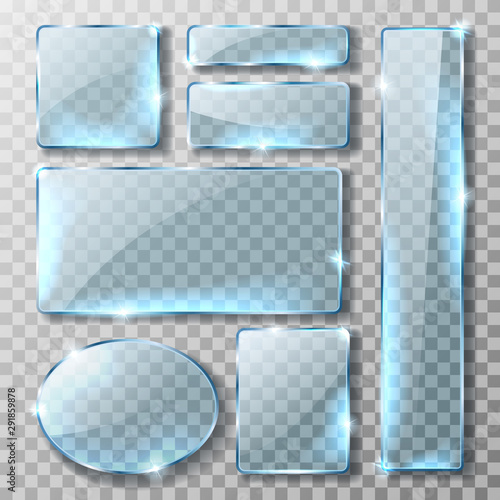 Glass banner or plate, set of realistic vector illustrations. Blank rectangular and round blue acrylic glass panel with reflection and glossy glow isolated on transparent background, button or badge