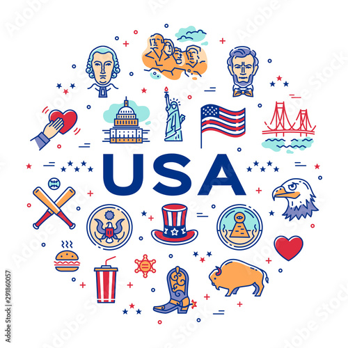 USA linear icons, circle infographics. American culture thin line icon set. Vector isolated illustration