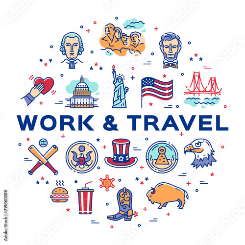 USA linear icons, Work And Travel USA circle infographics. American culture thin line icon set. Vector isolated illustration