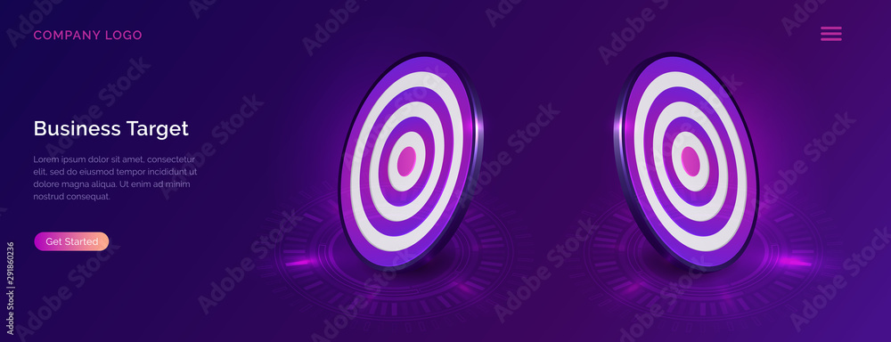 Business target isometric concept vector illustration. Round dart board on ultraviolet background. Goals achievement, success and competitors victory webpage Business target isometric concept vector illustration. Round dart board on ultraviolet background. Goals achievement, success and competitors victory webpage