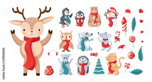 Fototapeta Naklejka Na Ścianę i Meble -  Cute deer, penguins, mouses and items icon set isolated on white background