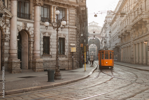 Old Milano spot with tram in the mist photo