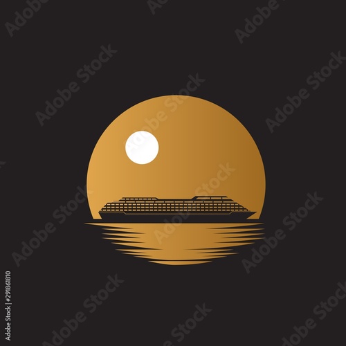 Ship cruiser on the ocean with gold moon or sun background illustration logo design