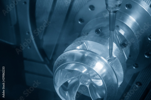 The  5-axis CNC milling machine  cutting the hi-precision automotive  by solid ball endmill tools. The hi technology of impeller parts manufacturing process by 5-axis machining center.