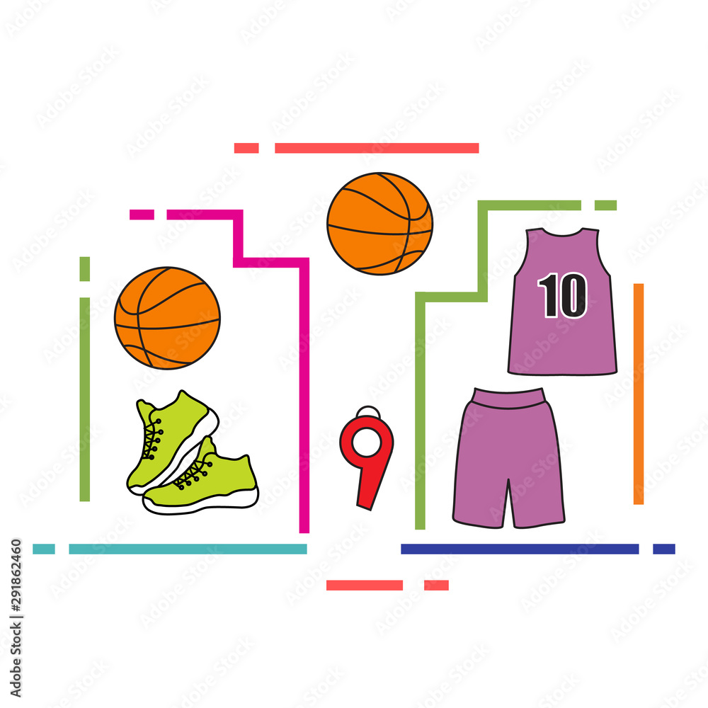 Sports uniform and equipment for basketball.