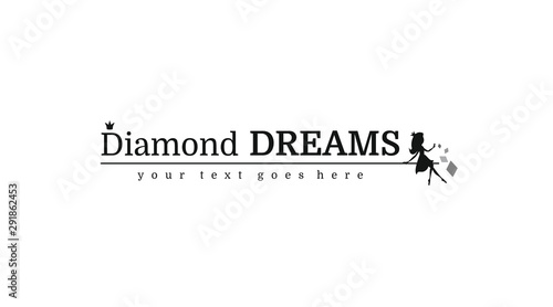 Logotype Diamond Dreams with little crown, sitting fairy princess silhouette and crystals on black background. Vector illustration for logo bridal shop, kids fashion, invitation, decor.
