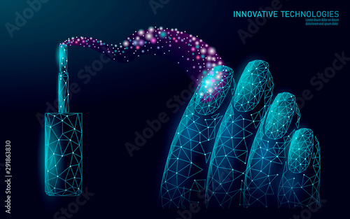Low poly modern nail polish care technology. Innovative spa salon mani hand fingertips strengthener formula. Nail protection shield female cosmetics ad concept vector illustration