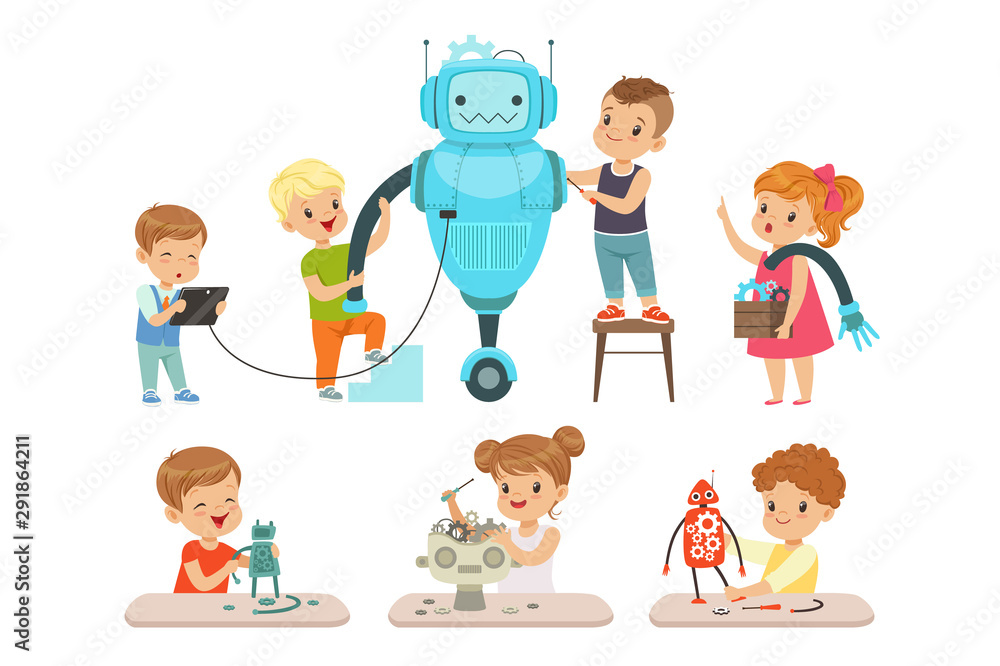 Cute little kids programming and creating smart robots set, educational project concept for children vector Illustrations on a white background Cute little kids programming and creating smart robots set, educational project concept for children vector Illustrations on a white background
