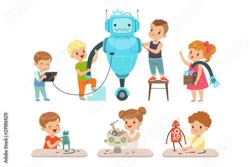 Cute little kids programming and creating smart robots set, educational project concept for children vector Illustrations on a white background
