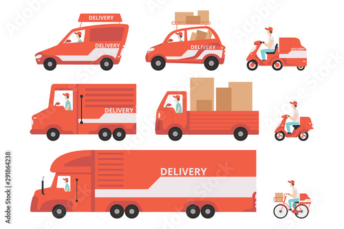 Red delivery vehicles set, express delivery concept vector Illustrations on a white background
