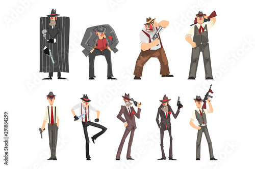Gangster set, criminal characters in fedora hat with gun vector Illustrations on a white background