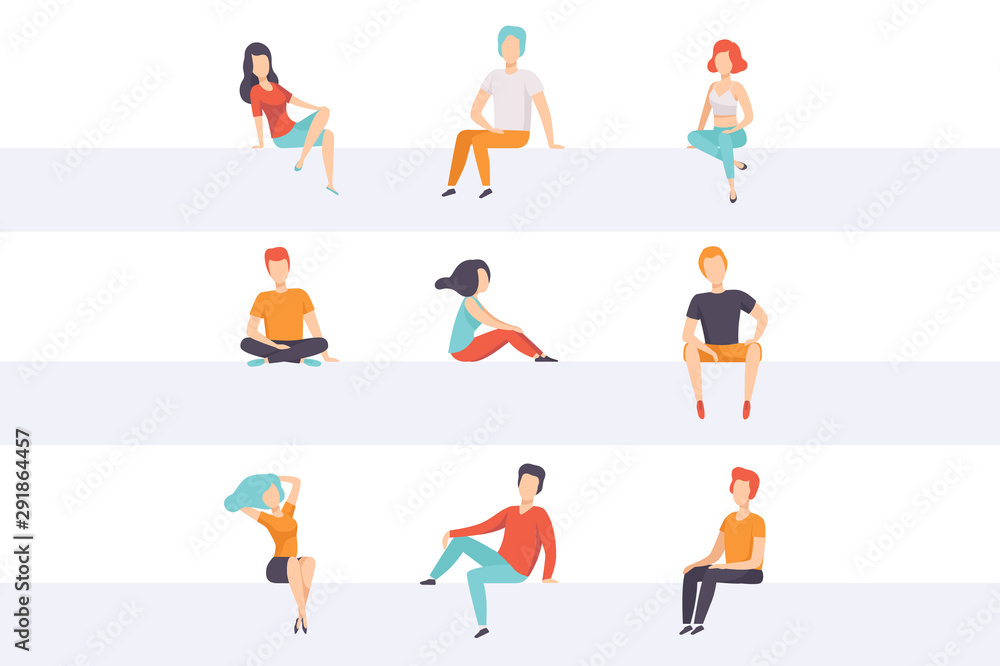 Diverse people sitting on different positions set, young faceless guys and girls in casual clothes sitting down vector Illustrations on a white background Diverse people sitting on different positions set, young faceless guys and girls in casual clothes sitting down vector Illustrations on a white background