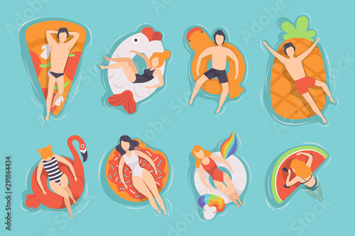 People floating on air mattresses in swimming pool set, top view, men and women relaxing and sunbathing on inflatable rings of different shapes vector Illustrations