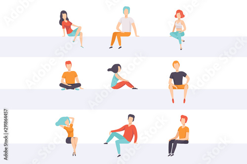 Diverse people sitting on different positions set, young faceless guys and girls in casual clothes sitting down vector Illustrations on a white background