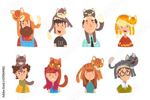People with funny cats sitting on their heads set, adorable pets and its owners vector Illustrations on a white background