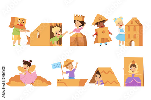 Cute creative kids playing toys and costumes made of cardboard boxes set vector Illustrations on a white background