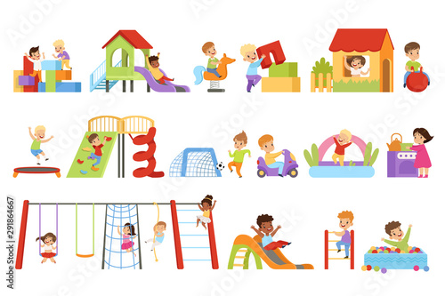 Kids having fun at playground set, boys and girls playing with toys, sliding down slide, climbing ladder vector Illustrations on a white background