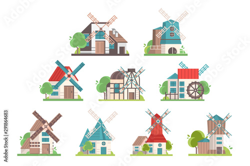Fototapeta Naklejka Na Ścianę i Meble -  Traditional rural windmill set, ecological agricultural manufacturing vector Illustrations on a white background
