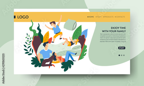 Family time landing web page template, pillow fight, playing at home