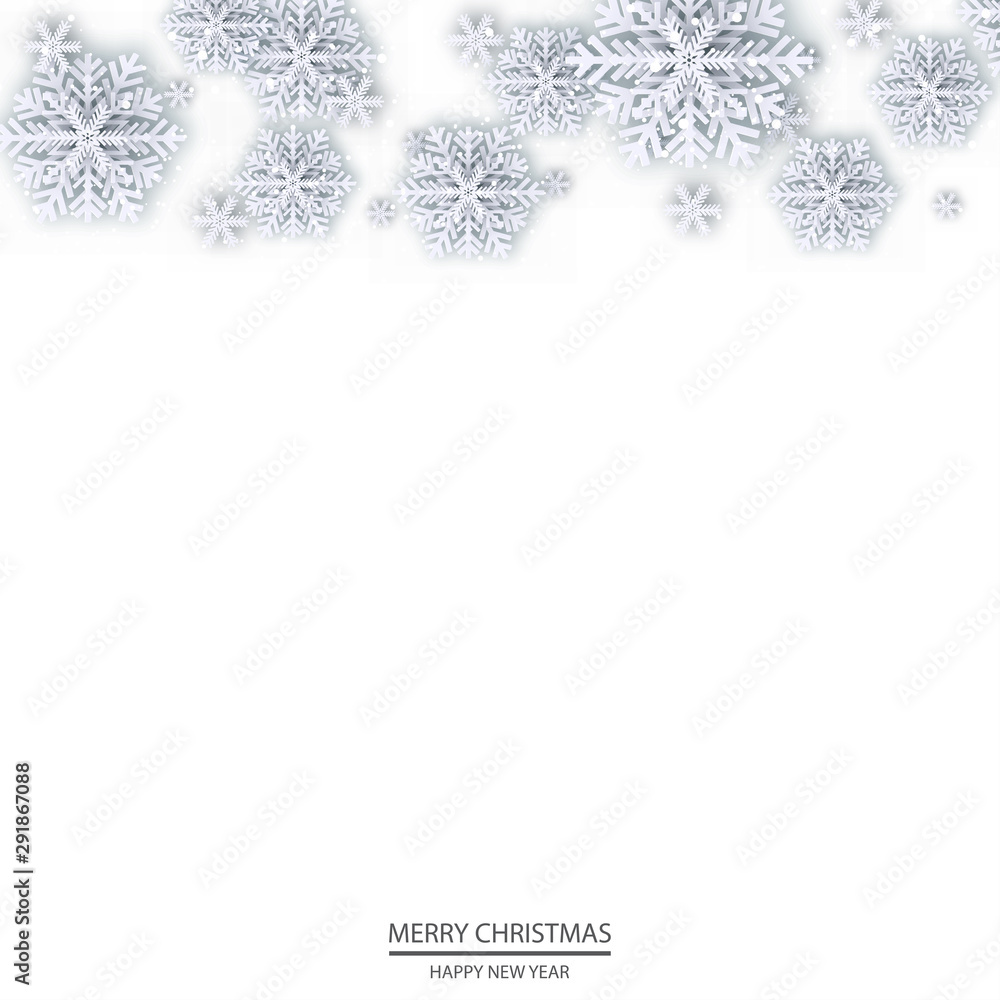 Happy New Year or Christmas card with falling white snowflakes. Vector