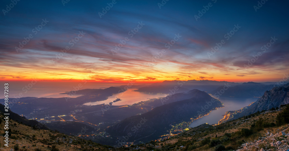 Panorama of the Bay of Kotor in Montenegro during a beautiful sunset