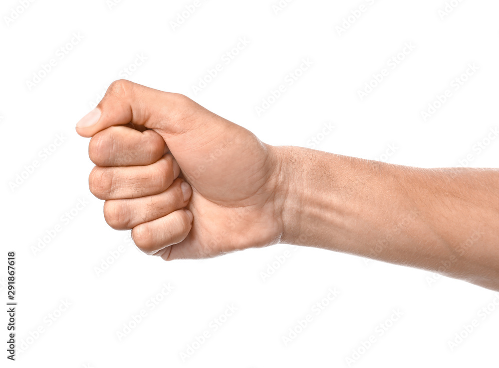 Male hand with clenched fist on white background Male hand with clenched fist on white background