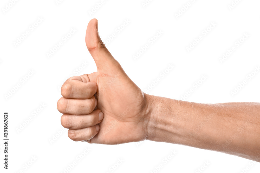 Male hand showing thumb-up gesture on white background