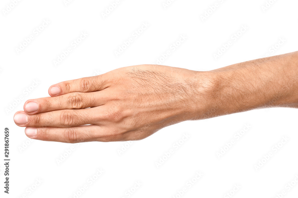 Gesturing male hand on white background