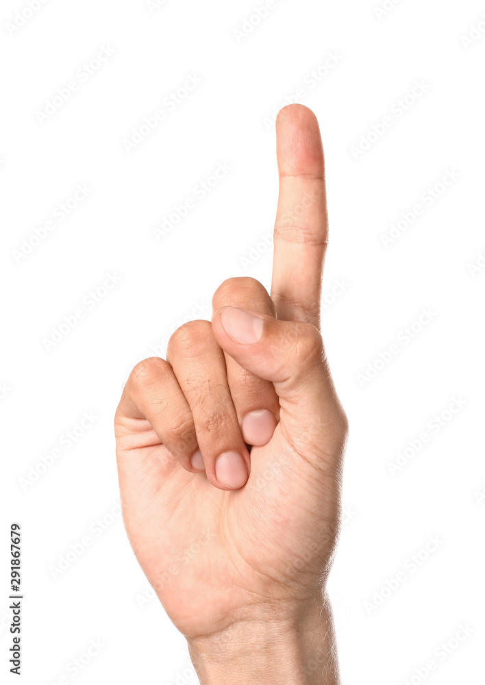 Male hand with raised index finger on white background