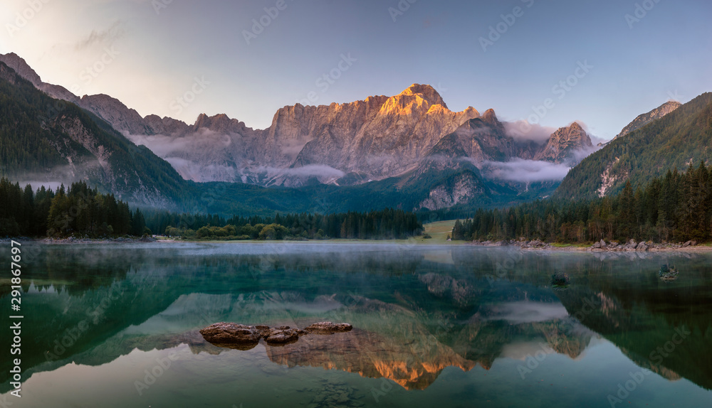 Panorama of a beautiful mountain lake in the Italian Julian Alps-Laghi di Fusine - obrazy, fototapety, plakaty 