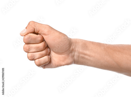 Male hand with clenched fist on white background