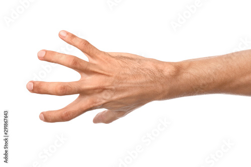 Male hand grabbing something on white background photo