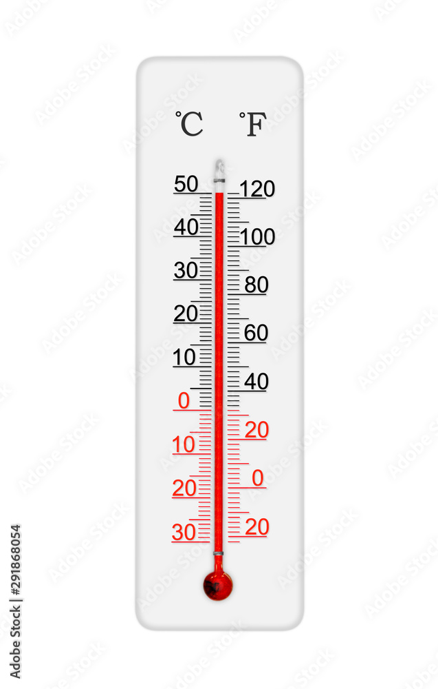 Celsius and fahrenheit scale meteorology thermometer for measuring air  temperature. Thermometer isolated on white background. Air temperature plus  50 degrees celsius Stock Photo