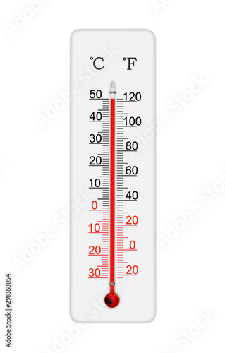 Celsius and fahrenheit scale meteorology thermometer for measuring air temperature. Thermometer isolated on white background. Air temperature plus 50 degrees celsius