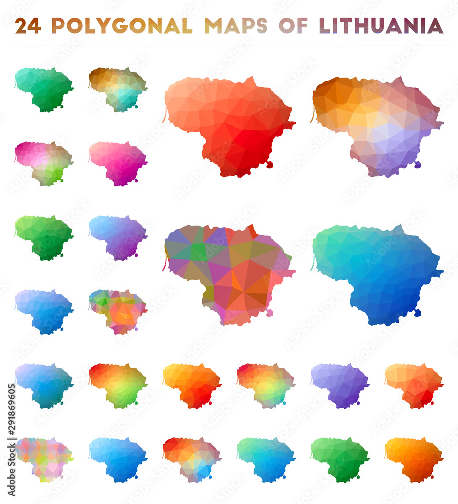 Set of vector polygonal maps of Lithuania. Bright gradient map of country in low poly style. Multicolored Lithuania map in geometric style for your infographics.