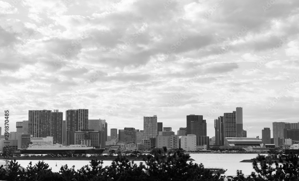 Tokyo cityscape Odaiba bay view at evening black and white image