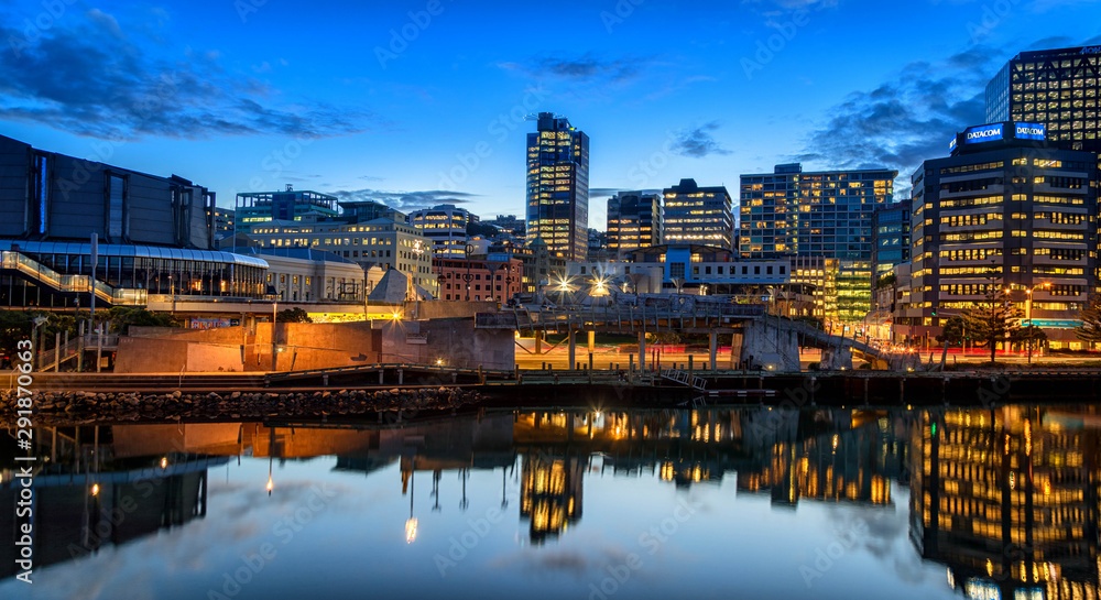 Buildings at night, Wellington, New Zealand night, city, water, river, skyline, reflection, lights, cityscape, bridge, building, architecture, sky, sea, dusk, panorama, downtown
