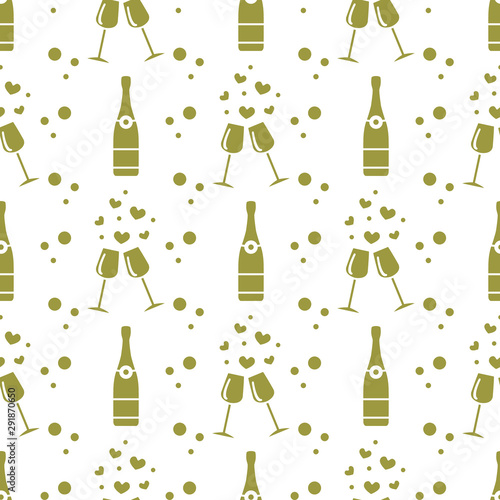 Seamless holiday pattern. Hearts, glasses, bottle