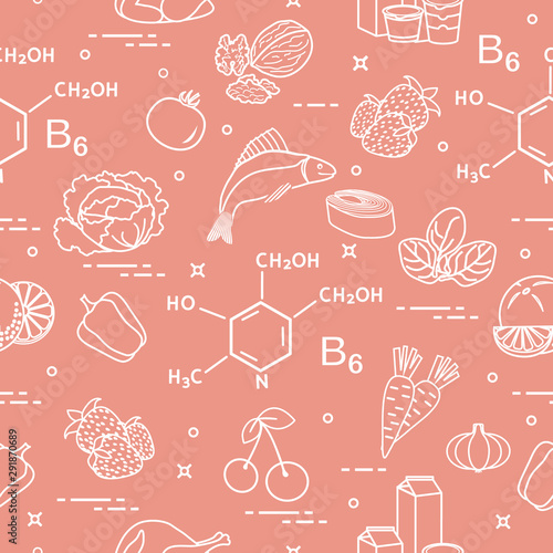 Seamless pattern with foods rich in vitamin B6.