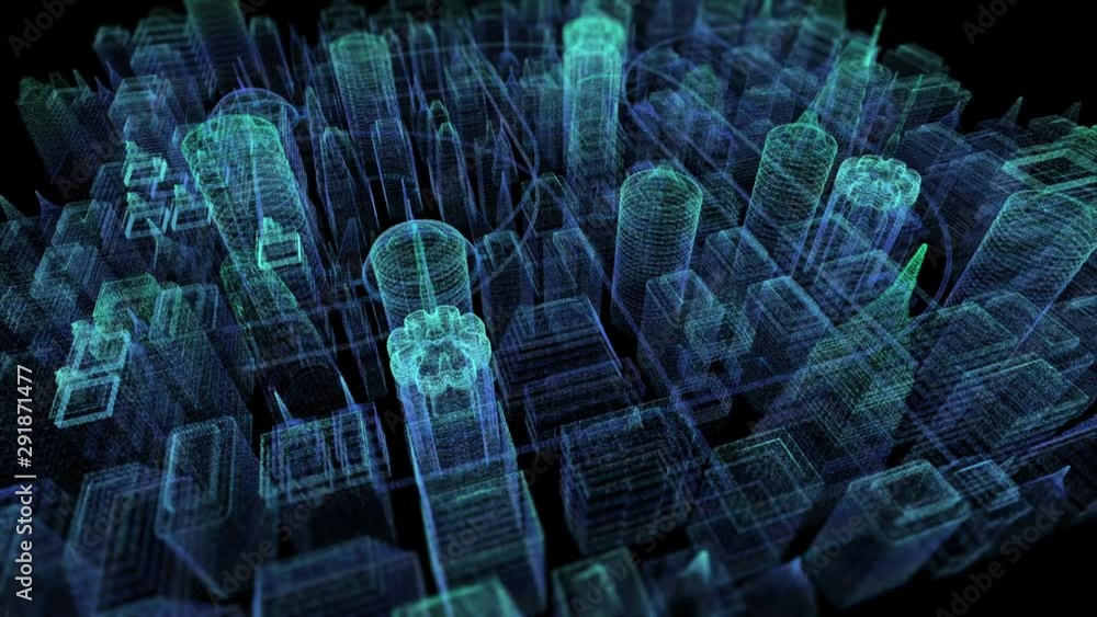 Futuristic head up display holographic city digitally generated image virtual reality matrix particles in cyber space background environment