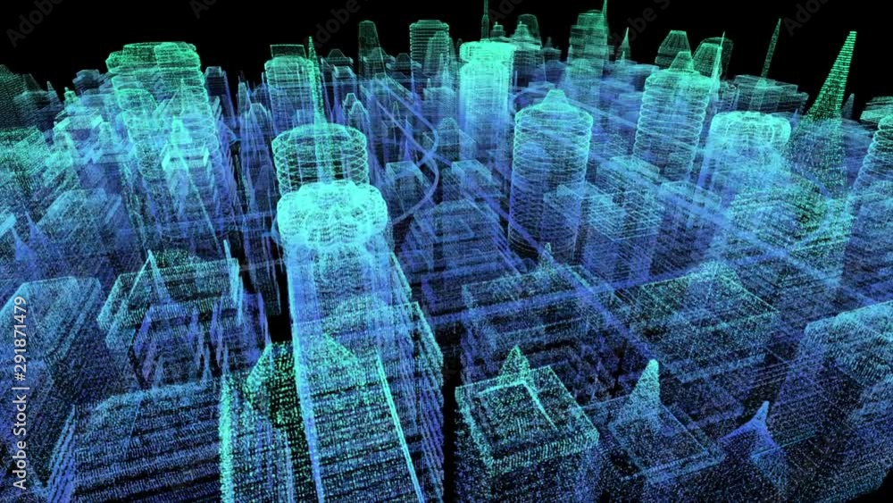 Futuristic head up display holographic city digitally generated image virtual reality matrix particles in cyber space background environment