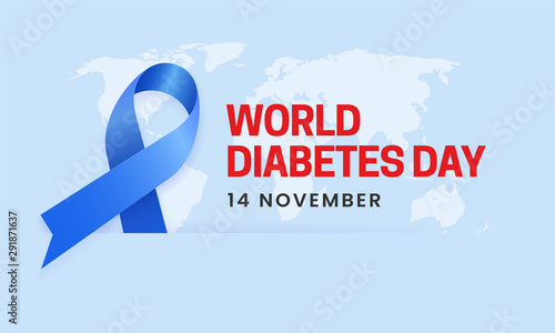 World diabetes day awareness poster banner background design with blue ribbon symbol on world map banner vector illustration