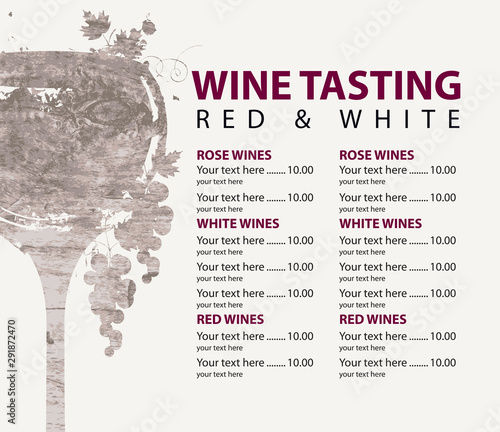 Vector menu for wine tasting with price list, wine glass and bunches of grapes with wooden board texture on beige background