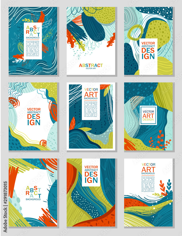 Naklejka premium Set of abstract covers with inscriptions on a white background. Vertical rectangle. Vector illustration.