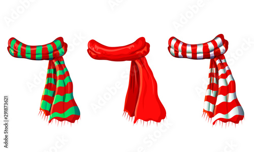 vector winter red scarf collection isolated on white background. illustration of red, green white striped scarves. christmas or holiday wool muffler icon set - winter warming clothes in cartoon style photo
