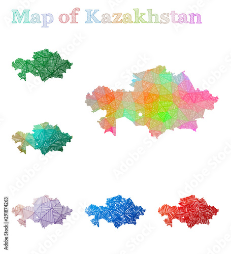 Hand-drawn map of Kazakhstan. Colorful country shape. Sketchy Kazakhstan maps collection. Vector illustration.