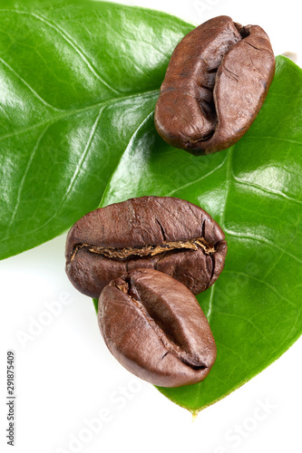 three coffee beans with a green leaf on a white background, isolate. concept: freshness of coffee beans. vertical view